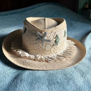 Source Unknown Tan and White Western Straw Hat